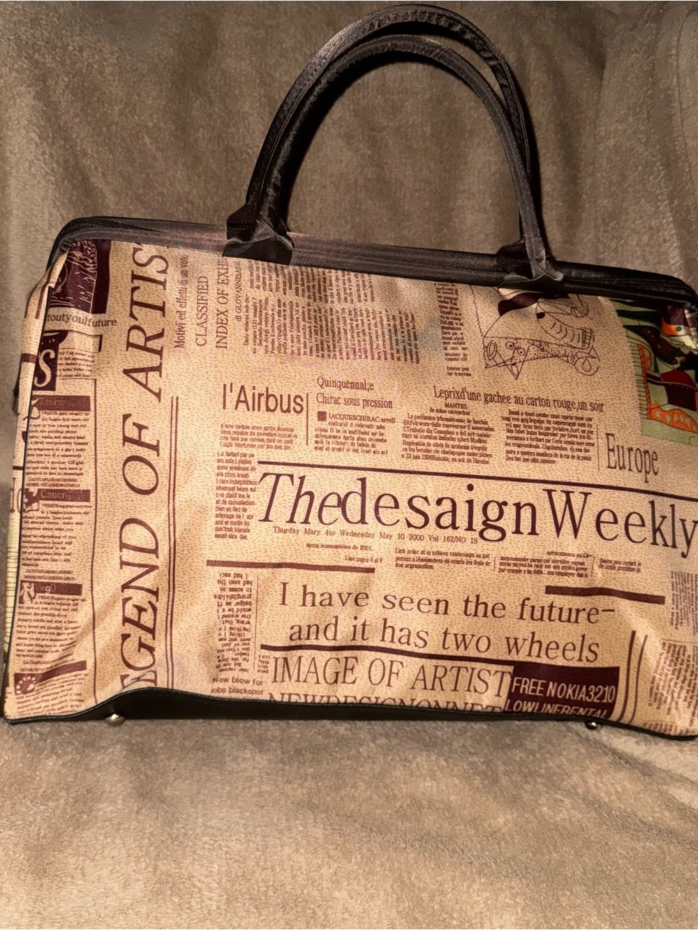 Newspaper Print Travel Tote Bag - Brown
